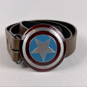 Marvel Captain America shield metal belt buckle with brown leather belt size 34”